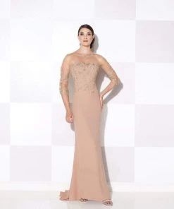 Mon Cheri Applique Illusion Gown In Toast 115614