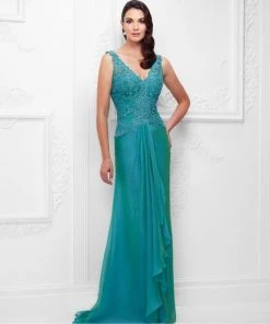 Mon Cheri - Beaded Lace A-Line Gown With Detachable Sleeves 117909