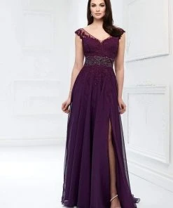 Mon Cheri Beaded Lace V-neck Chiffon A-line Gown 218911 - 1 Pc Purple In Size 6 Available