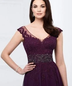 Mon Cheri Beaded Lace V-neck Chiffon A-line Gown 218911 - 1 Pc Purple In Size 6 Available
