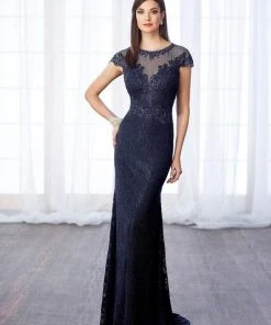Mon Cheri Beaded Sheer Lace Cap Sleeves Evening Gown 217642