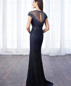 Mon Cheri Beaded Sheer Lace Cap Sleeves Evening Gown 217642