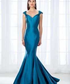Mon Cheri Fitted Cap Sleeves Stretch Satin Mermaid Gown 118661 - 1 Pc Teal In Size 12 Available