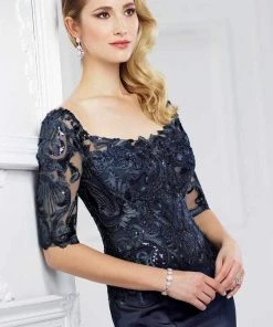 Mon Cheri Lace Quarter Length Sleeves Mermaid Gown 217937