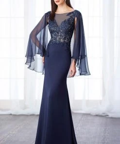 Mon Cheri Laced Illusion Bateau Neck Trumpet Dress 217638 - 1 Pc Navy In Size 18 Available