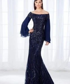 Mon Cheri Long Bell Sleeves Off-Shoulder Gown 118688