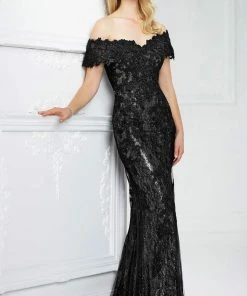 Mon Cheri - Off-the-Shoulder Lace Evening Gown 217941 - 1 Pc Black/Silver In Size 10 Available