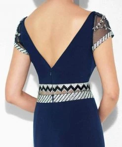 Mon Cheri - Patterned Beaded Illusion Sheath Evening Dress 117624 - 1 Pc Navy In Sizes 10 Available