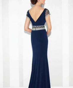 Mon Cheri - Patterned Beaded Illusion Sheath Evening Dress 117624 - 1 Pc Navy In Sizes 10 Available
