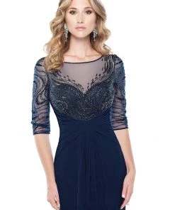 Mon Cheri Ruched Beaded Gown 215919W 1 Pc Navy Blue In Size 20W Available