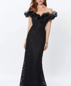 Mon Cheri - Ruffled Off-Shoulder Sheath Evening Gown 119931 - 1 Pc Blue Willow In Size 8 Available