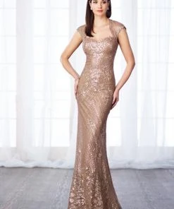 Mon Cheri Sequined Queen Anne Sheath Gown 217632