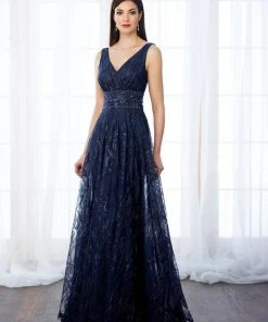 Mon Cheri Sequined Tulle Sleeveless Gown 217645 - 1 Pc Navy In Size 4 Available