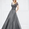 Mon Cheri Short Sleeve Beaded Long Satin Gown - 1 Pc Charcoal In Size 6 Available