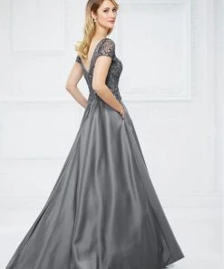 Mon Cheri Short Sleeve Beaded Long Satin Gown - 1 Pc Charcoal In Size 6 Available