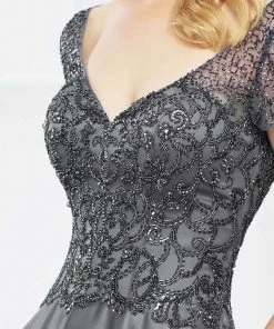 Mon Cheri Short Sleeve Beaded Long Satin Gown - 1 Pc Charcoal In Size 6 Available