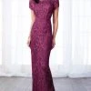 Mon Cheri Short Sleeve Jeweled Lace Sheath Gown 217637 - 1 Pc Dark Raspberry In Size 6 Available