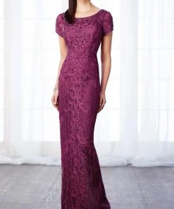 Mon Cheri Short Sleeve Jeweled Lace Sheath Gown 217637 - 1 Pc Dark Raspberry In Size 6 Available