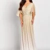 Mon Cheri - V-Neck Flutter Sleeve Ombre Evening Gown 119657 - 1 Pc Champagne In Size 14 Available