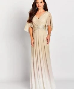 Mon Cheri - V-Neck Flutter Sleeve Ombre Evening Gown 119657 - 1 Pc Champagne In Size 14 Available