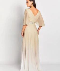 Mon Cheri - V-Neck Flutter Sleeve Ombre Evening Gown 119657 - 1 Pc Champagne In Size 14 Available