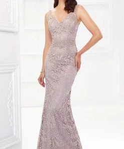 Montage By Mon Cheri - 118968 V-Neck Lace Gown With Detachable Sleeves