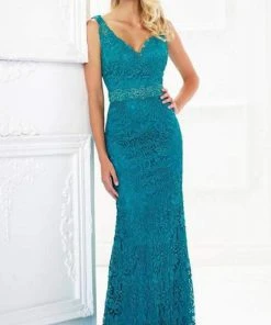 Montage By Mon Cheri - 118968 V-Neck Lace Gown With Detachable Sleeves