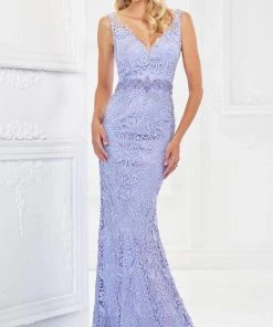 Montage By Mon Cheri - 118968 V-Neck Lace Gown With Detachable Sleeves