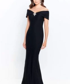 Montage By Mon Cheri - 120905W Off-Shoulder Crepe Sheath Dress