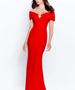 Montage By Mon Cheri - 120905W Off-Shoulder Crepe Sheath Dress
