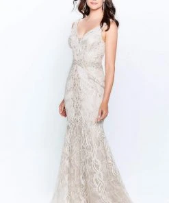 Montage By Mon Cheri - 120921W Embroidered V-Neck Trumpet Dress