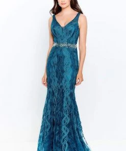 Montage By Mon Cheri - 120921W Embroidered V-Neck Trumpet Dress