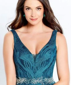 Montage By Mon Cheri - 120921W Embroidered V-Neck Trumpet Dress