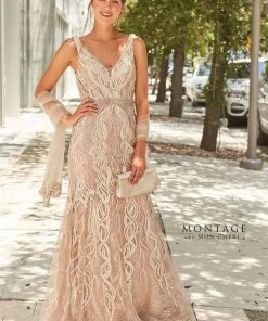 Montage By Mon Cheri - 120921W Embroidered V-Neck Trumpet Dress