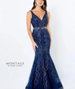 Montage By Mon Cheri - 120921W Embroidered V-Neck Trumpet Dress