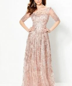 Montage By Mon Cheri - 219976W Embroidered Illusion Bateau A-line Gown