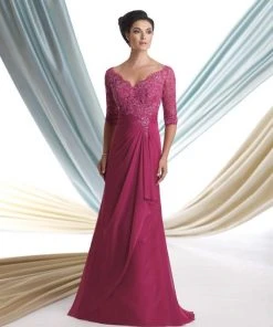 Montage By Mon Cheri Beaded Embroidered Lace Mock-Wrap Chiffon Gown