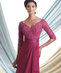 Montage By Mon Cheri Beaded Embroidered Lace Mock-Wrap Chiffon Gown