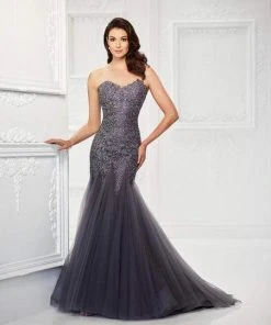 Montage By Mon Cheri - Beaded Lace Sweetheart Dress 118964W - 1 Pc Gunmetal In Size 20W Available