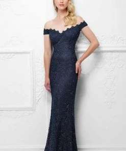 Montage By Mon Cheri - Beaded Off-Shoulder Sheath Dress 117920 - 1 Pc Smoke In Size 12 Available