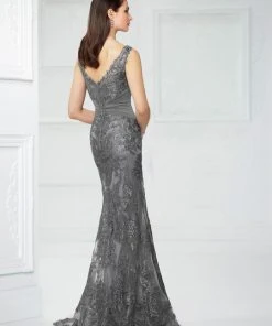 Montage By Mon Cheri - Embroidered Ruched Sheath Gown 217942 - 1 Pc Smoke In Size 8 Available