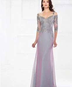 Montage By Mon Cheri - Metallic Lace Bodice Chiffon Gown 118974 - 1 Pc Plum In Size 20 Available