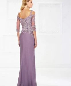 Montage By Mon Cheri - Metallic Lace Bodice Chiffon Gown 118974 - 1 Pc Plum In Size 20 Available