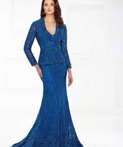 Montage By Mon Cheri - Sheath Gown With Long-Sleeved Jacket 118983 - 1 Pc Dark Peacock In Size 16 Available