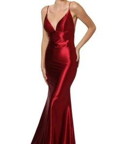 Nox Anabel - C227 Plunging V-neck Trumpet Dress With Open Back