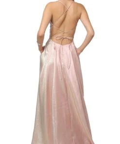 Nox Anabel - C241 Metallic Crisscross Open Back A-Line Gown