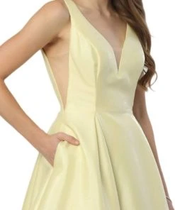 Nox Anabel - E156P Deep V-neck Pleated A-line Dress 11 Nox Anabel - E156P Deep V-neck Pleated A-line Dress