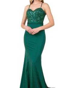 Nox Anabel - E276 Sequined Lace Illusion Paneled Long Gown