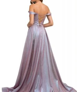 Nox Anabel - E366 Twist-Rendered Off Shoulder Metallic Gown 9 Nox Anabel - E366 Twist-Rendered Off Shoulder Metallic Gown