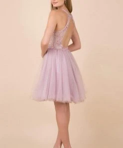 Nox Anabel - E696 Lace Halter A-Line Short Dress